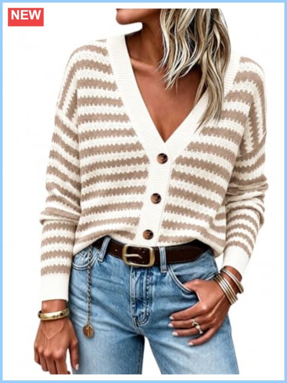 Crochet Knit Striped Long Sleeve V-Neck Button Cardigan